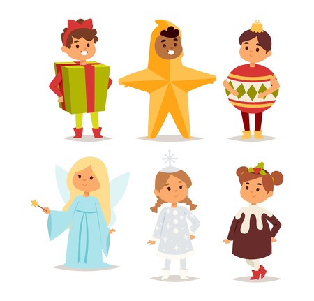Illustration of cute kid carnival holiday costumes. People happy girl carnival costume kid little young dress. Fun holiday portrait cheerful carnival costume kid vectorのイラスト素材