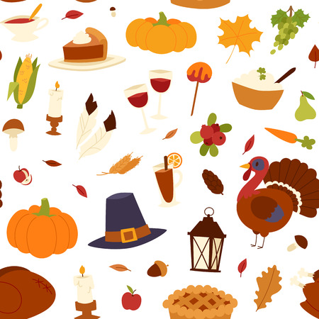 Happy thanksgiving day seamless pattern card design with holiday objects. Fresh food harvest autumn season thanksgiving day vector set. Traditional seasonal nature vegetable thanksgivinのイラスト素材