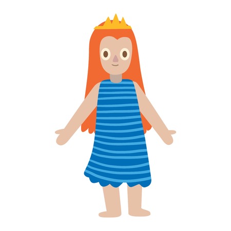 Cute girl doll character for game design vector illustration. Funny childhood play baby doll girl toy character like human. Handmade plastic doll toys beautiful colorful cartoon charcater girl.のイラスト素材