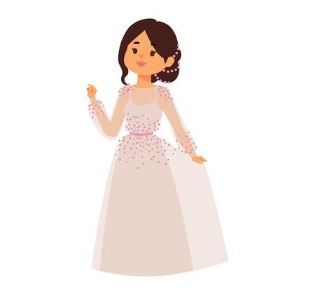 Bride girl in wediing dress isolated on white. Bride girl model bridal pretty glamour romantic lady. Woman wearing wedding white dress fashion girl luxury young person character vector.のイラスト素材