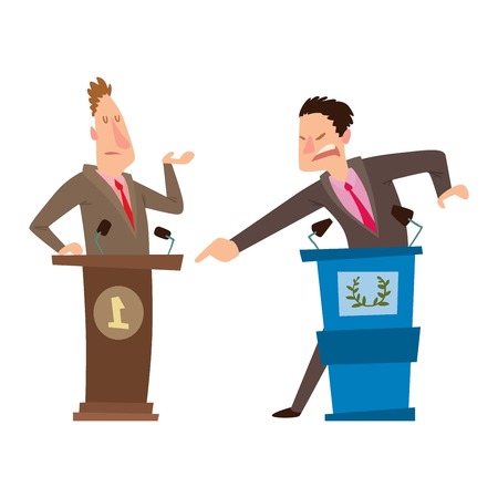 Orator speaks with broad gestures behind podium. Speaker makes report to public and press politicians people. Eloquent speech before an audience. Oratory politician politicians people.のイラスト素材