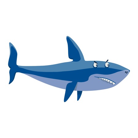 Vector illustration toothy white swimming angry shark. Animal sea isolated shark character underwater cute marine wildlife mascot. Scary smile cool evil monster shark character funny predator.のイラスト素材