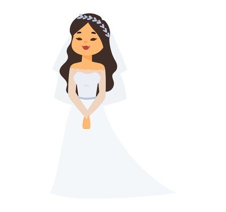 Bride girl in wediing dress isolated on white. Bride girl model bridal pretty glamour romantic lady. Woman wearing wedding white dress fashion girl luxury young person character vector.のイラスト素材