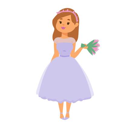 Bride girl in wediing dress isolated on white. Bride girl model bridal pretty glamour romantic lady. Woman wearing wedding white dress fashion girl luxury young person character vector.のイラスト素材