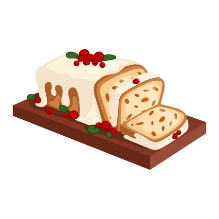 Sweet Christmas cake isolated on white. Traditional Christmas sweet cake holliday vector. Cake for New Year food sweet vector. Food fresh cake isolatedのイラスト素材