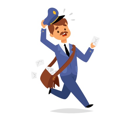 Postman character vector courier occupation carrier. Cute man delivery package transportation courier postman character. Mail business shipping man postman character message deliver.のイラスト素材