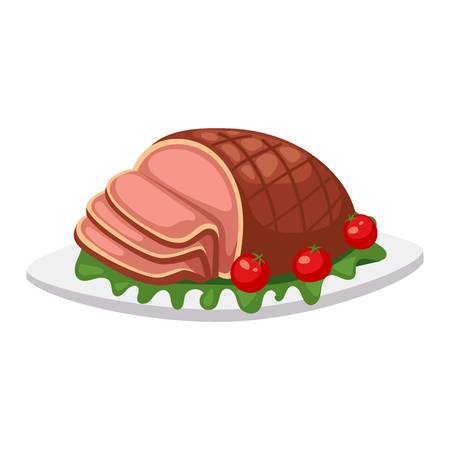 Homemade ground beef meatloaf with berries and spices. Food beef baked pork dinner meatloaf vector sauce traditional herb sliced meat. Homemade slice meatloaf cooked prepared delicious gourmet food.のイラスト素材