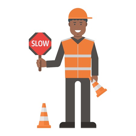 Construction worker wearing yellow helmet and overall work clothes working with different tools. Set of workers man vector character design isolated. Business person professional workers man.のイラスト素材