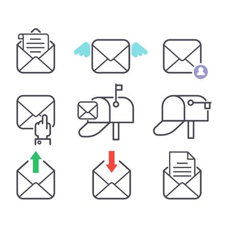 Envelope mail icons plane shopping and other icons for e-mail. Mail icons symbol message letter send. Web communication mail icons address business correspondence interface.のイラスト素材