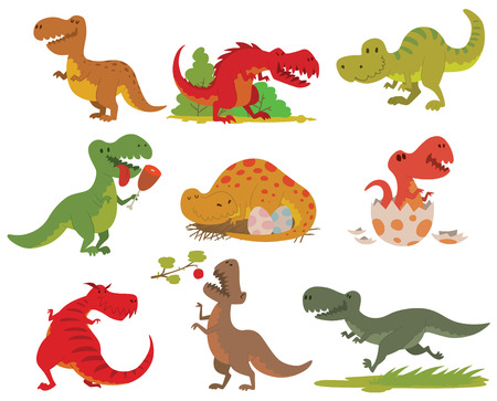 Dinosaurs cartoon collection. Cute t-rex tyrannosaurus pterosaur toy characters. Vector animals T-rex dinosaur tyrannosaurus monster. Reptile animal T-rex dinosaur cartoon danger carnivorous.のイラスト素材