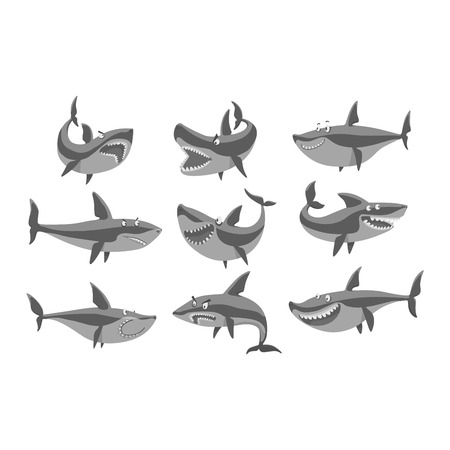 Vector illustration toothy white swimming angry shark. Animal sea isolated shark character underwater cute marine wildlife mascot. Scary smile cool evil monster shark character funny predator.のイラスト素材