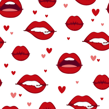 Female lips seamless pattern isolated on white background. Passion makeup mouth. Set woman lips romance cosmetic sensuality desire. Set of mouth smile woman red lips isolated shape romantic emotionsのイラスト素材
