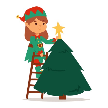 Santa Claus kids cartoon elf helpers vector illustration. Santa Claus elf helpers children. Santa helpers traditional costume isolated on background. Santa elf helpers christmas kidsのイラスト素材