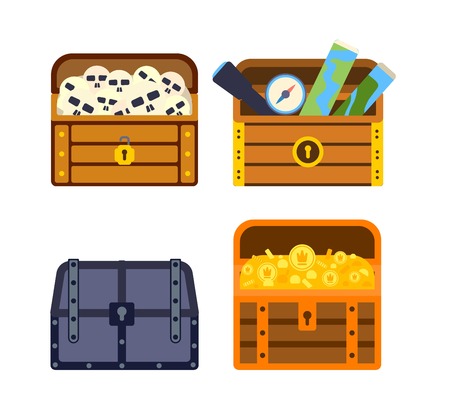 Vintage wooden treasure chest with golden coin vector illustration. Treasure chest isolated on white. Treasure chest box gold old isolated box and wealth antique, open money treasure chest.のイラスト素材