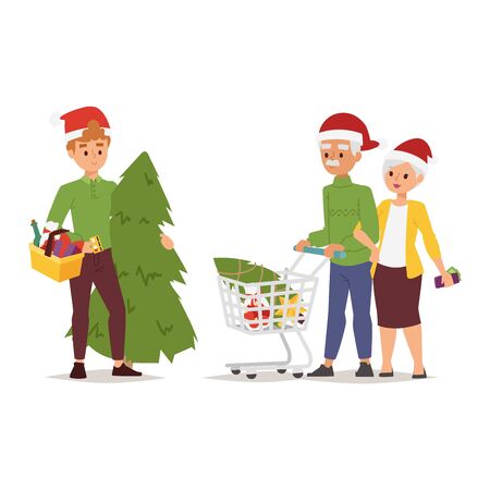 Collection going shopping people christmas celebrate with shopping bags. Shopping people woman and man with bags in Santa red hats. Shopping people collection, Xmas tree, family shopping and sale daysのイラスト素材