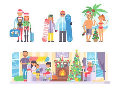 Different people on Christmas winter vacation. Happy family travel together. Group of people on winter New Year vacation together character flat vector illustration.のイラスト素材