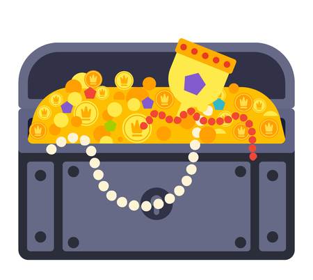 Vintage wooden treasure chest with golden coin vector illustration. Treasure chest isolated on white. Treasure chest box gold old isolated box and wealth antique, open money treasure chest.のイラスト素材