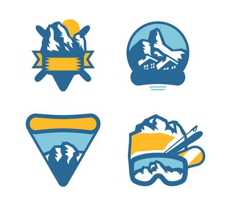 Mountain vector icons set. Set of mountain silhouette elements. Outdoor icon snow ice mountain tops, decorative symbols isolated. Camping mountain  , travel labels, climbing or hiking badgesのイラスト素材