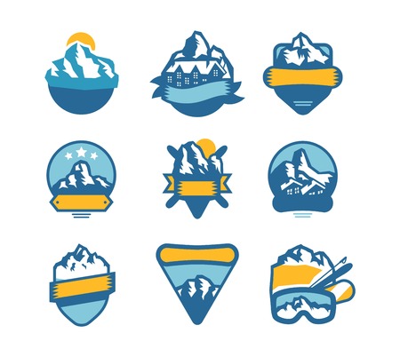 Mountain icons set. Set of mountain silhouette elements. Outdoor icon snow ice mountain tops, decorative symbols isolated. Camping mountain , travel labels, climbing or hiking badgesのイラスト素材