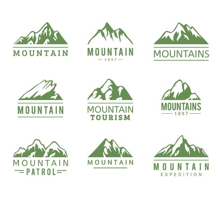 Mountain vector icons set. Set of mountain silhouette elements. Outdoor icon snow ice mountain tops, decorative symbols isolated. Camping mountain logo, travel labels, climbing or hiking badgesのイラスト素材