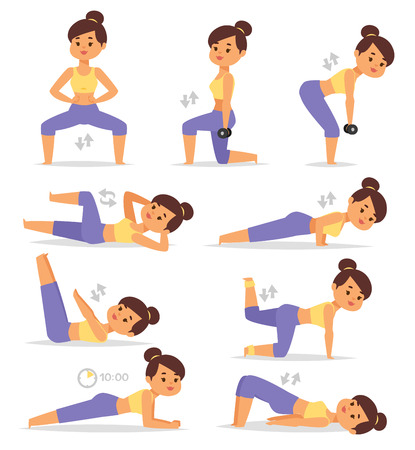 Portrait of young fitness woman sport exercise beautiful athlete vector character. Women sport exercise lifestyle training female. Workout fit young adult active women sport exercise body person gym.のイラスト素材