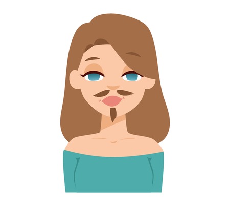 Beard and mustache funny oman emoji face icon and woman emoji face cute symbol. Girl emotion faces cartoon vector illustration. Woman emoji face happy. Cute transsexual faceのイラスト素材