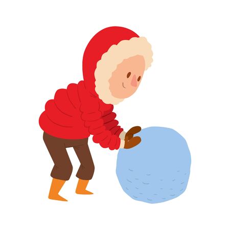 Christmas kid playing winter games. boy makes a snow man. Cartoon New Year winter holidays background.のイラスト素材