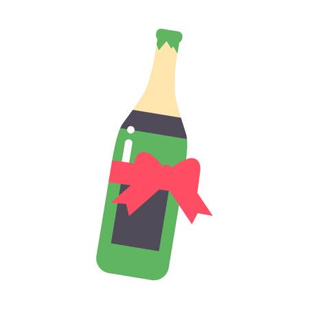 Champagne wine in bottle with red bow isolated on white background vector drink. Alcohol beverage celebration grape merlot. Gourmet restaurant party merlot drink.のイラスト素材