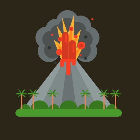 Volcano magma nature blowing up with smoke vector isolated. Crater mountain hot natural eruption earthquake. Erupt ash fire hill landscape outdoor geology exploding ash.のイラスト素材