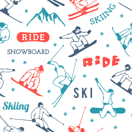 Winter sports seamless pattern with many type equipment flat icons. Skiing snow design decoration extreme christmas holiday lifestyle. Vector mountain game recreation snowboard xmas background.のイラスト素材