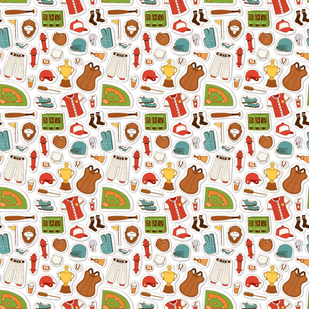 Hand drawn doodle baseball sport seamless pattern. Vector background baseball seamless pattern design. Baseball seamless pattern vector sport ball design graphic activity team elements.のイラスト素材