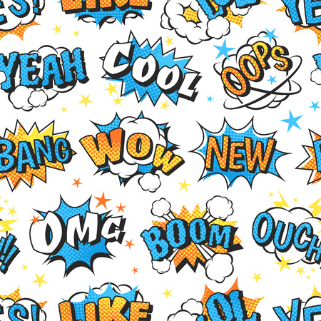 Comic speech bubbles in pop art style with bomb cartoon and explosion text seamless pattern vector illustration. Boom cloud halftone humor background communication design.のイラスト素材