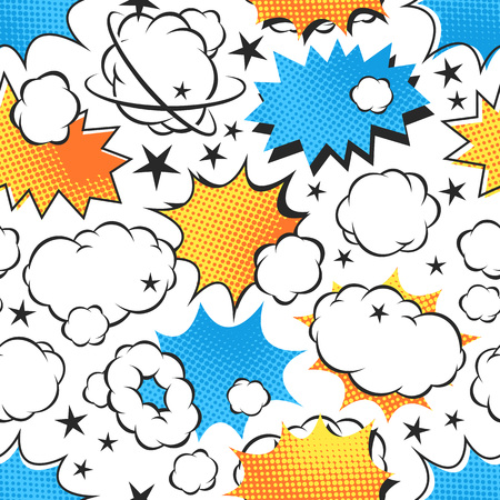Boom icons seamless pattern explosion. Comic speech bubbles vector background. Pop art graphic abstract humor communication splash. Retro burst art symbol fun design.のイラスト素材