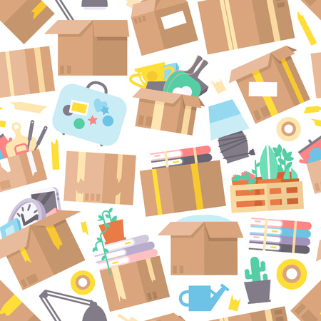 Carrying boxes seamless pattern warehouse shipping container. Moving packing transportation service wallpaper. Deliver distribution package industry vector illustration.のイラスト素材