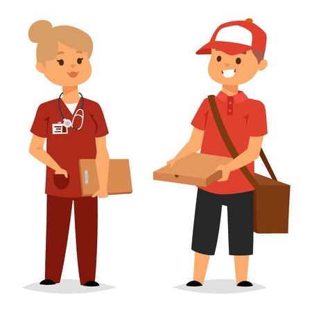 Cool courier characters workers people with equipment with container. Couriers characters cart with cardboard boxes delivery. Shipping logistics service in business and industry vector.のイラスト素材