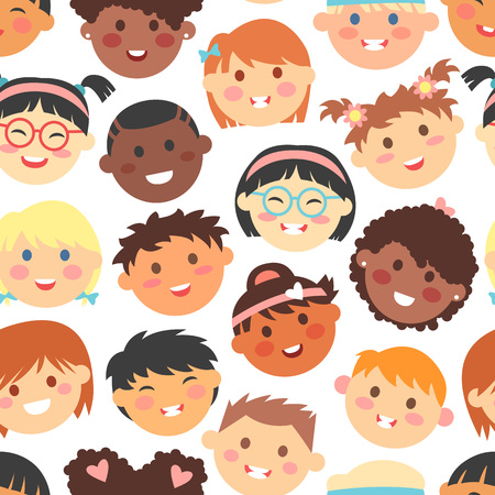 Kids faces different races vector seamless pattern. happy smile people character background. Comic expression kid cheerful emotion. Children group heads wallpaper.のイラスト素材