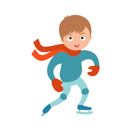 Winter sport boy skating. Activity happy ice exercise. Pretty cheerful little kid in thermal suits outdoors in scarf and mittens cartoon character vector.のイラスト素材