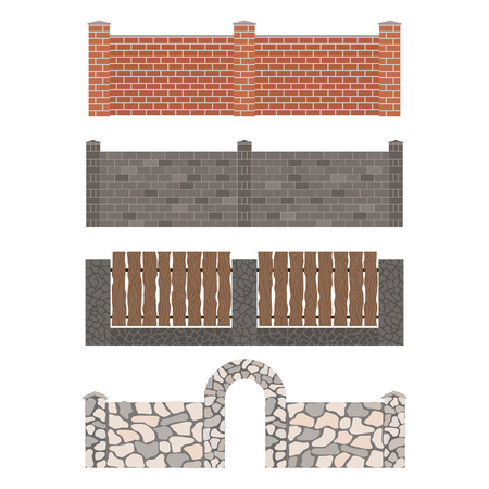 Different designs of fences and gates isolated on white background. Rustic wall house protection. Stone home building garden enclosure element. Architecture farm border vector.のイラスト素材