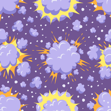 Bomb explosion effect seamless pattern vector. Boom fire and strong explosion. Smoke cloud splash elements. Retro burst art symbol fun design boom seamless pattern explosion.のイラスト素材