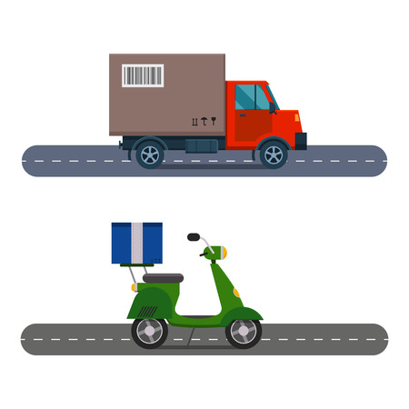 Delivery transport cargo truck and scooter vector illustration.のイラスト素材