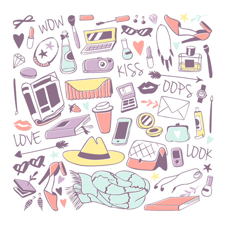 Cute feminine stuff hand drawn vector illustration.のイラスト素材