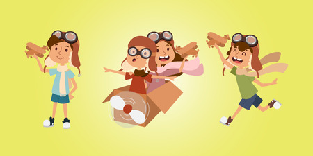 Cartoon vector kids playing pilot aviation character.のイラスト素材