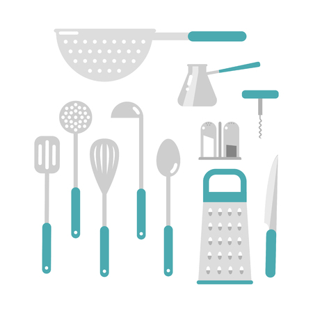 Kitchen ladle cooking home culinary silver equipment flat vector illustration.のイラスト素材