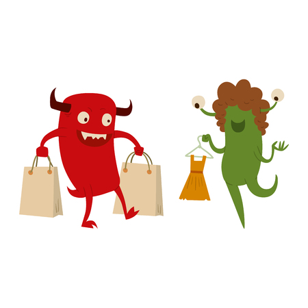Cartoon cute monster shopping vector character illustration.のイラスト素材