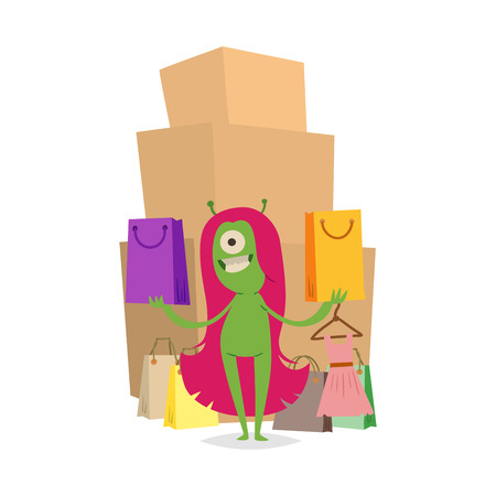 Cartoon cute monster shopping character illustration.のイラスト素材