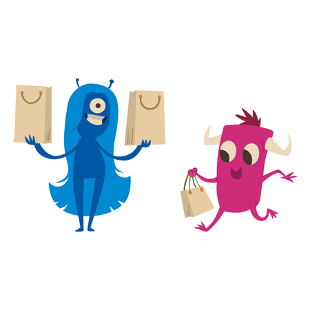 Cartoon cute monster shopping vector character illustration.のイラスト素材