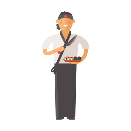 Sushi master young chef decorating delicious character vector.のイラスト素材