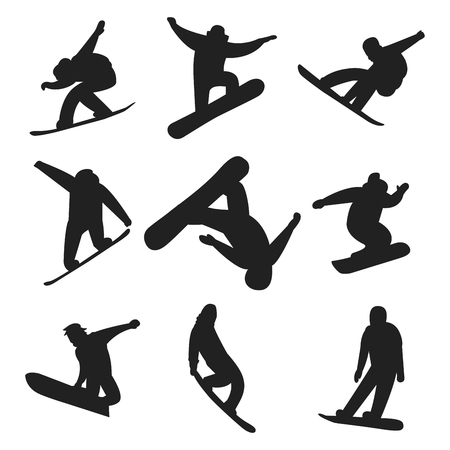 Snowboarder jump in different pose silhouette people vector.のイラスト素材