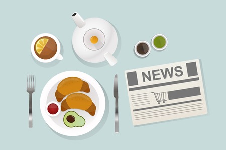 Healthy breakfast food with croissant top view illustration.のイラスト素材