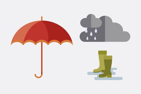 collection of autumn clothes set items the fall acorn leaves tree rain clouds cold weather red yellow colors boots vector illustration umbrellaの写真素材